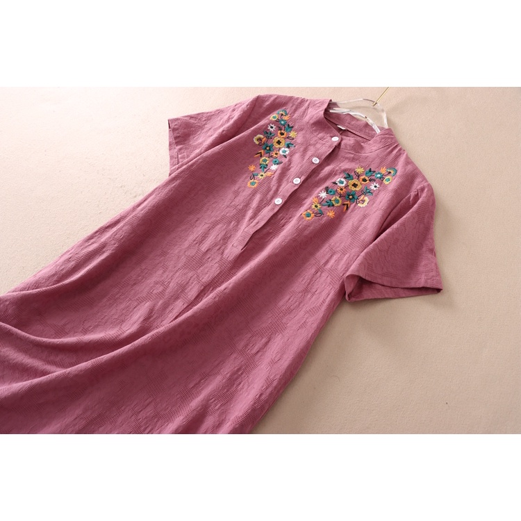 Đầm linen dáng suông cổ tàu thêu hoa, Váy đầm nữ Linen thiết kế dáng dài Da176