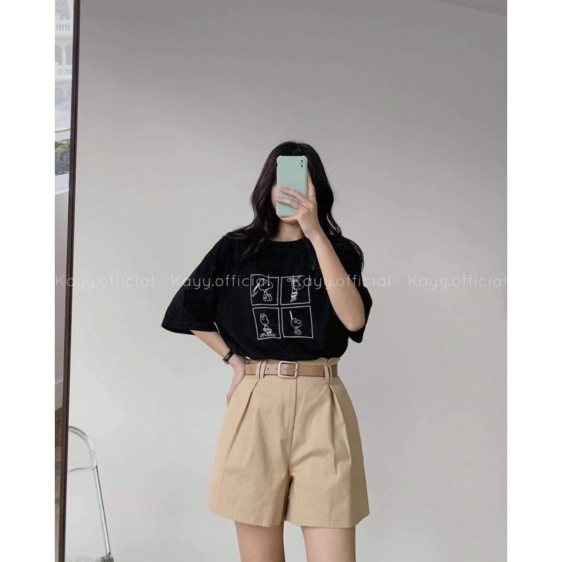 Set đồ nữ Ulzzang Áo phông cotton form rộng tay lỡ Quần short kaki cạp chun co giãn SNOPY