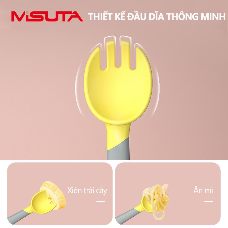 Set Thìa Dĩa Uốn Cong MISUTA Cao Cấp Xoay 360 Độ Mềm Dẻo Cho Bé Tập Xúc YOOTA BABY