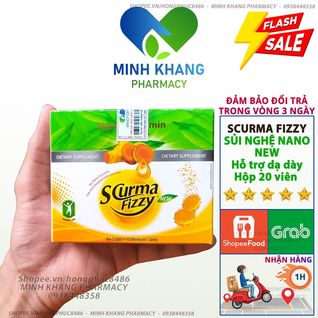 Viên sủi nghệ Nano Curcumin Scurma Fizzy loét tá tràng chống trào ngược dạ dày thực quản giảm đau đau bao tử 20 viên
