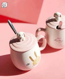 Cốc Sứ Có Nắp Thìa Hình Thỏ, Mèo