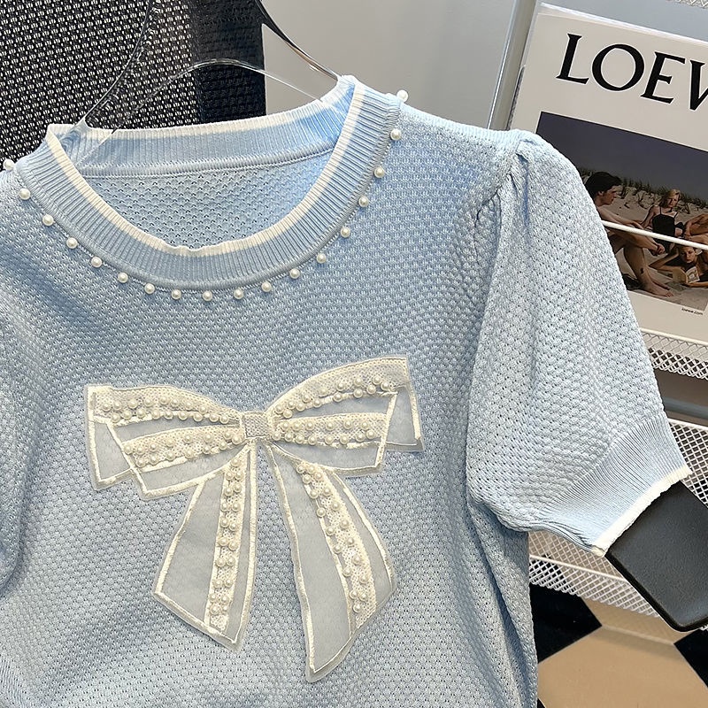 Áo Dệt Kim Tay Ngắn Mỏng Đính Nơ Hạt Thời Trang Mùa Hè Cho Nữ