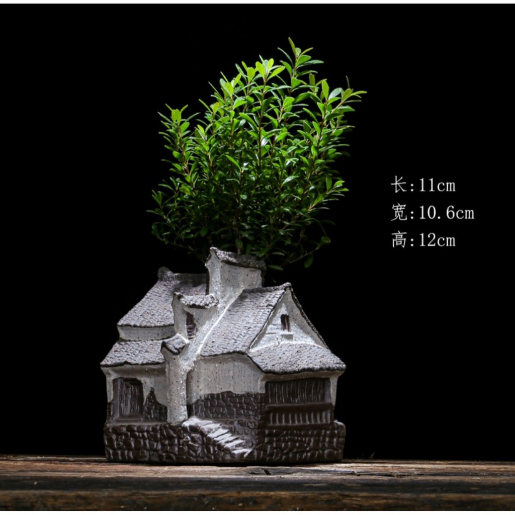 Nhà cổ trồng cây mẫu số 3 ( chưa bao gồm thực vật) trang trí tiểu cảnh để bàn bonsai mini- chất liệu gốm tử sa