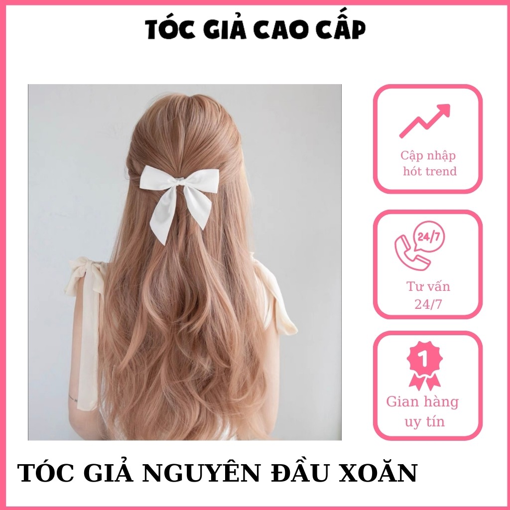 Tóc giả nữ nguyên đầu màu vàng tây, xoăn dài 60cm, c8136, tặng kèm lưới trùm.