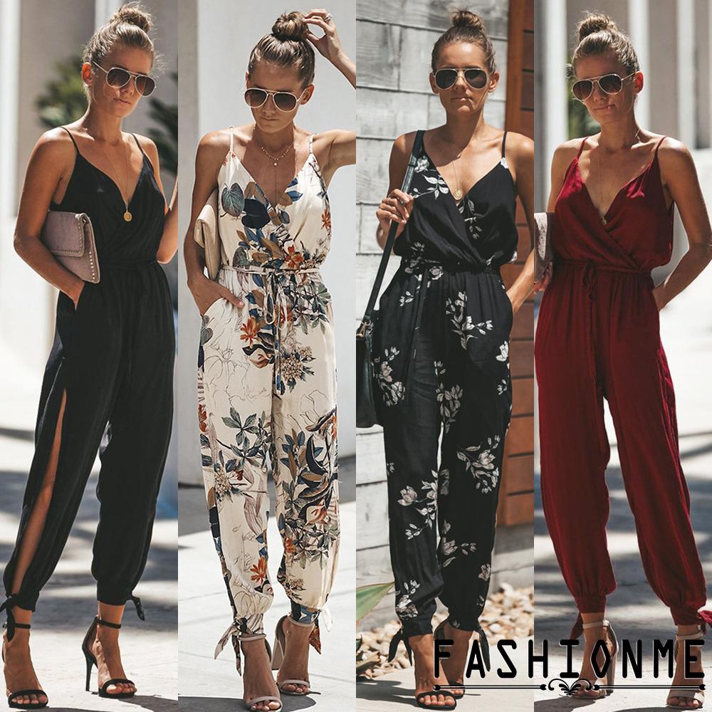 Áo liền quần không tay in họa tiết hoa/màu trơn phong cách Boho