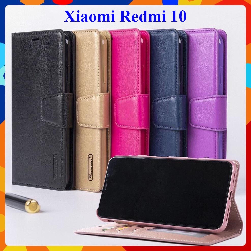 Bao da dạng ví Xiaomi Redmi 10 hiệu Hanman cao cấp có nắp gập, ngăn đựng thẻ ATM tiền tiện lợi