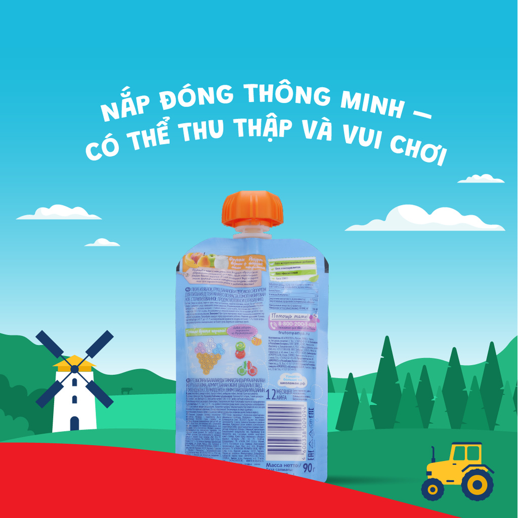 Thùng 12 Gói Trái cây nghiền vị táo, lê, chuối, đào cùng sữa chua Fruto Nyanya 90g/gói