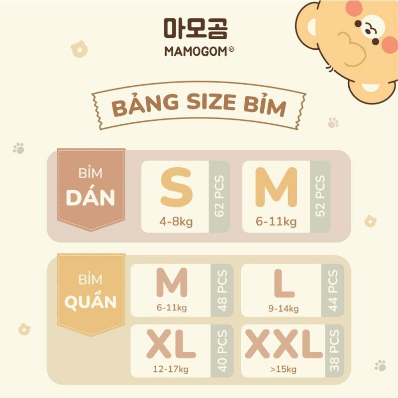 Tã/Bỉm Mamogom dán/quần S62/M52/M48/L44/XL40/XXL38