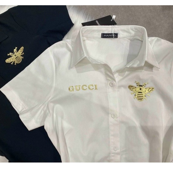 Áo sơ mi nữ tay ngắn in hình chú ong bên cạnh 1 bênh chữ hiệu chất kate voan free size
