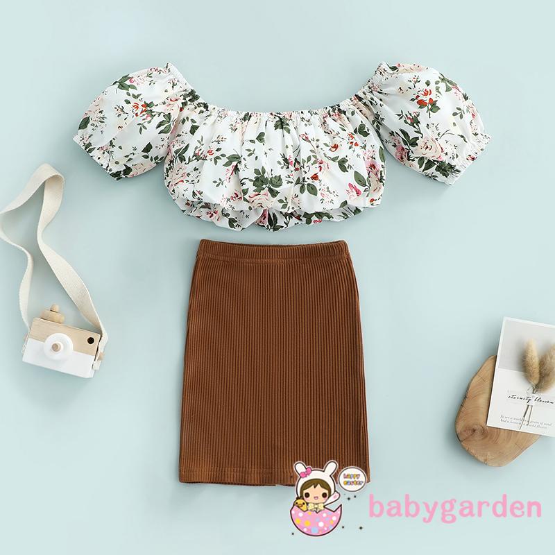 Bộ Áo Trễ Vai Ngắn Tay + Chân Váy Dệt Kim Lưng Thun In Hoa Xinh Xắn Cho Bé Gái 1-6 Tuổi