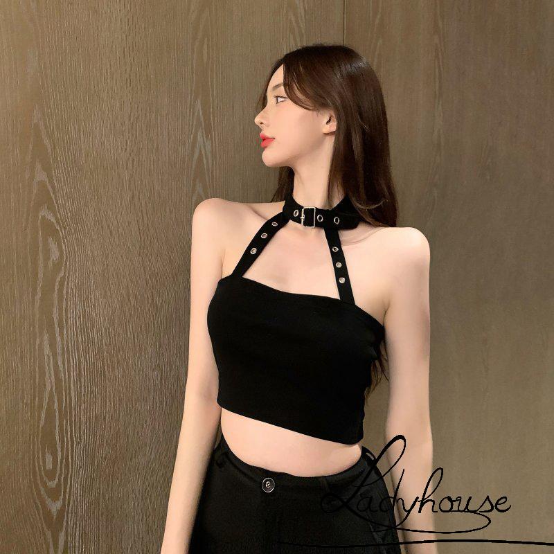Ld-áo Crop Top Không Tay Hở Lưng Màu Trơn Thời Trang Mùa Hè Màu Trắng/Xám/Đen Cho Nữ