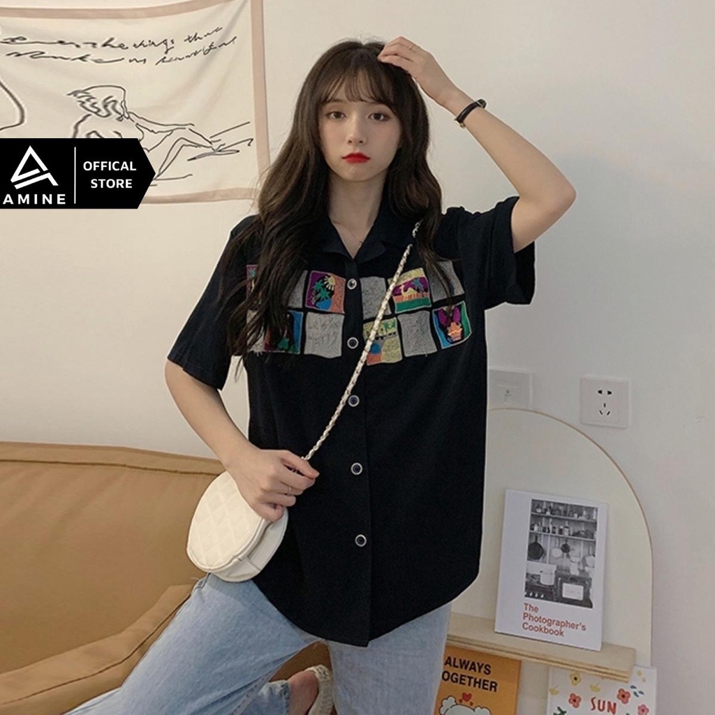 Áo sơ mi nữ đẹp, Sơ mi tay ngắn Free size thêu hình phong cách Hàn Quốc M01 | BigBuy360 - bigbuy360.vn
