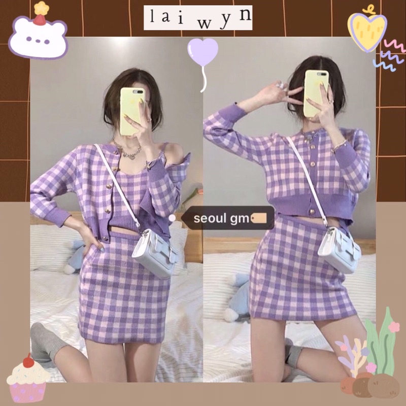 Set chân váy, áo khoác cardigan và áo hai dây len caro Tím