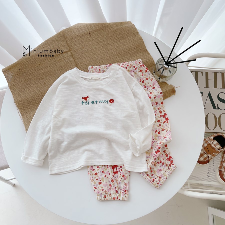 Bộ đồ dài tay quần dài thu đông thêu cáo nấm cho bé gái chất liệu 100% cotton quần áo trẻ em miniumbabyfashion SB1252