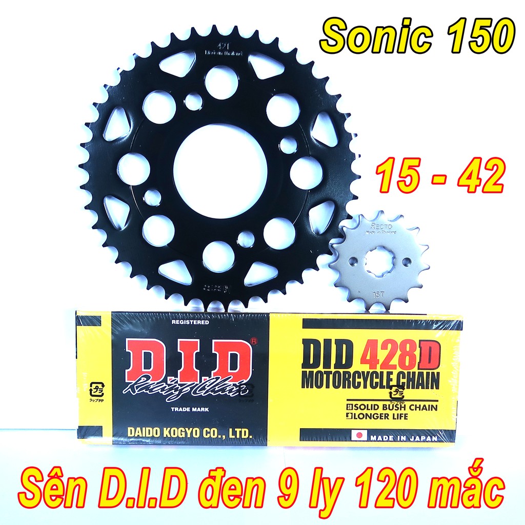 Nhông dĩa RECTO 15 - 42, Sên DID đen 9 ly 120 mắc cho Honda Sonic 150