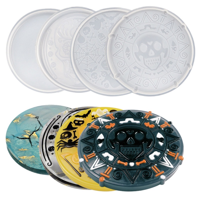 Set 4 Khuôn Silicone Làm Đế Lót Ly Hình Tròn Phong Cách Halloween