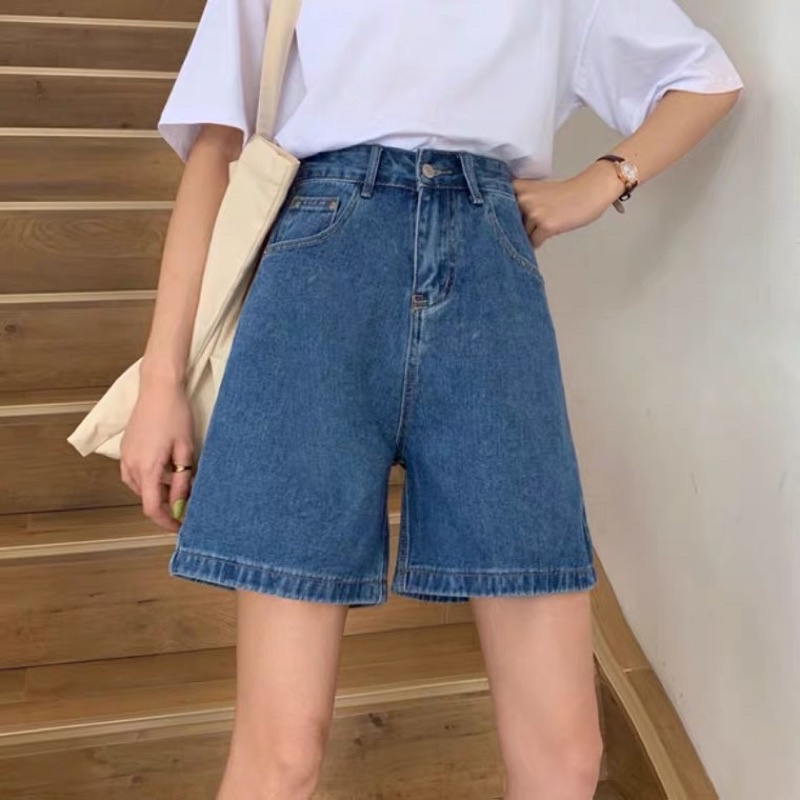 Quần short jean nữ ống rộng Nút Hông Ulzzang màu đen xám