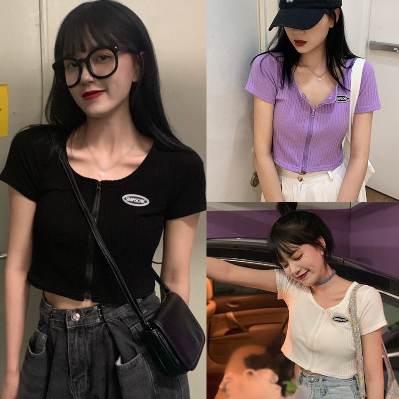 Áo Croptop Dệt Kim Tay Ngắn Thiết Kế Khoá Kéo Thanh Lịch
