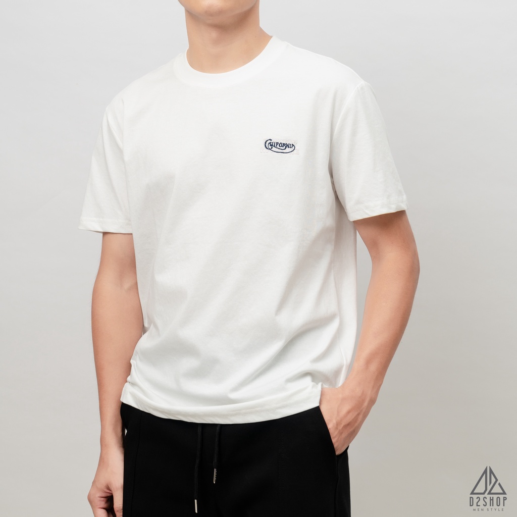 Áo thun D2shop, áo thun cổ tròn đắp vải lưng CALIFORNIA, đắp vải , màu trắng