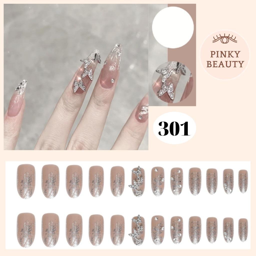 Móng Tay Giả Đính Đá Bộ 24 Móng Giả Pinky Beauty Họa Tiết Đa Dạng, Đẹp Sang Trọng Phong Cách Dài, Ngắn Cho Nữ Kèm Keo