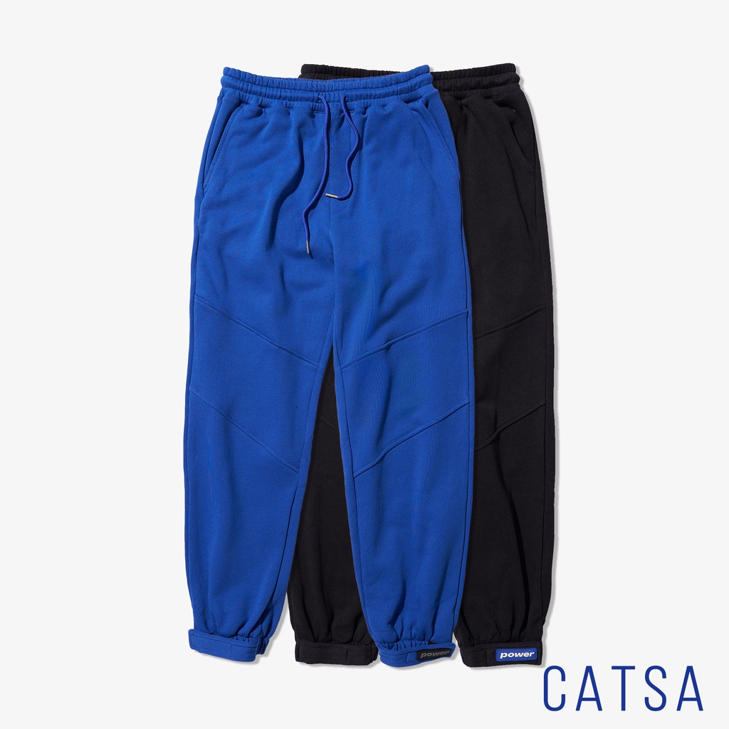 Quần jogger nam trơn lưng thun cotton CATSA đính nhãn POWER đứng dáng phong cách thể thao xanh, đen QTJ035 - QTJ036