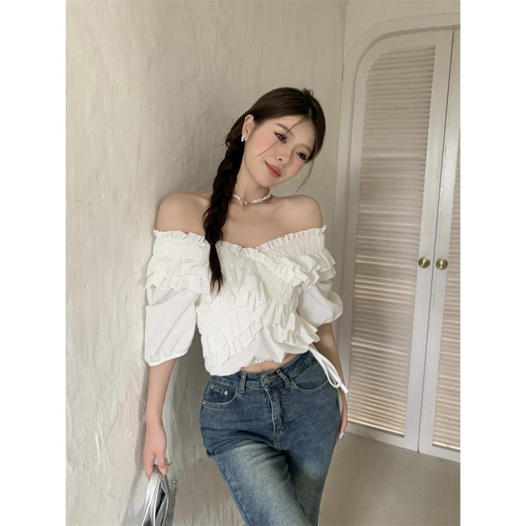 ZHELIHANGFEI Áo Kiểu Trễ Vai Tay Ngắn Màu Hồng Ngọt Ngào