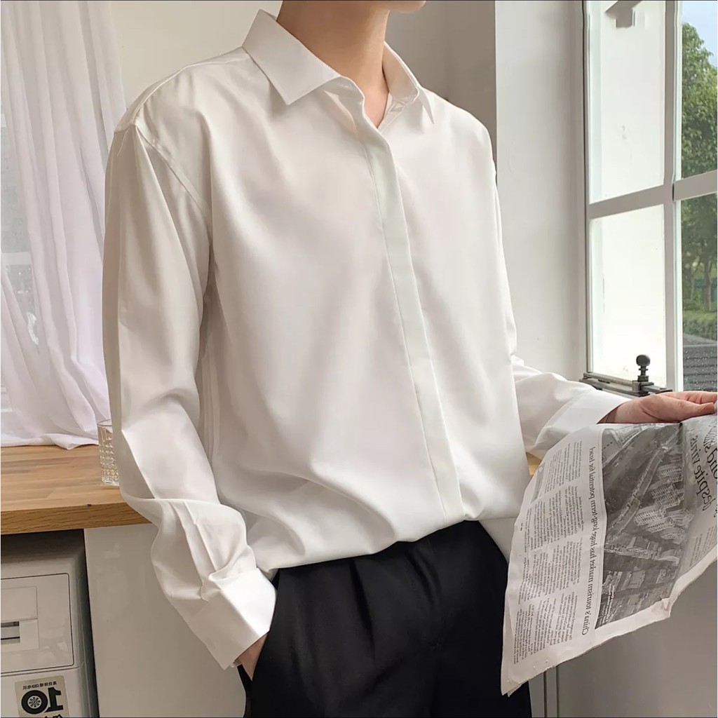 Áo sơ mi dài tay form rộng, chất liệu vải lụa hàn thời trang cao cấp