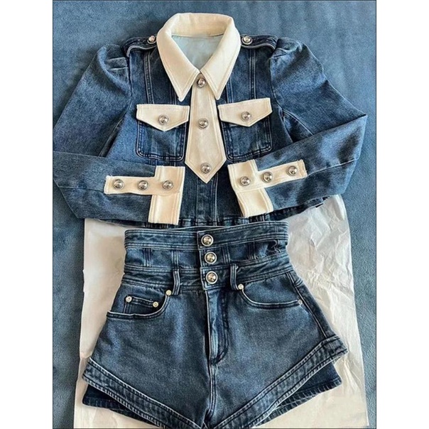 ẢNH THẬT Set Jeans denim Cúc Tịnh Y Sơ Mi Jeans Kèm Quần Short