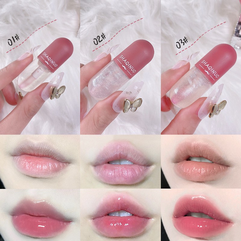 [Hàng mới về] Son bóng trong suốt dưỡng ẩm thay đổi màu sắc hình viên thuốc cỡ nhỏ