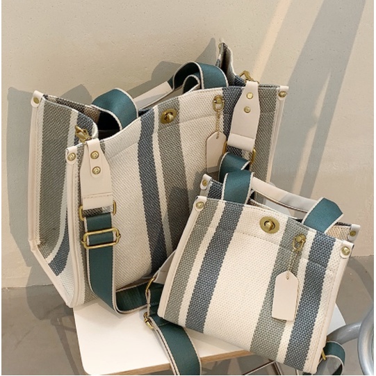 Túi Xách Tote Vải Canvas Họa Tiết Kẻ Sọc Xu Hướng Mới