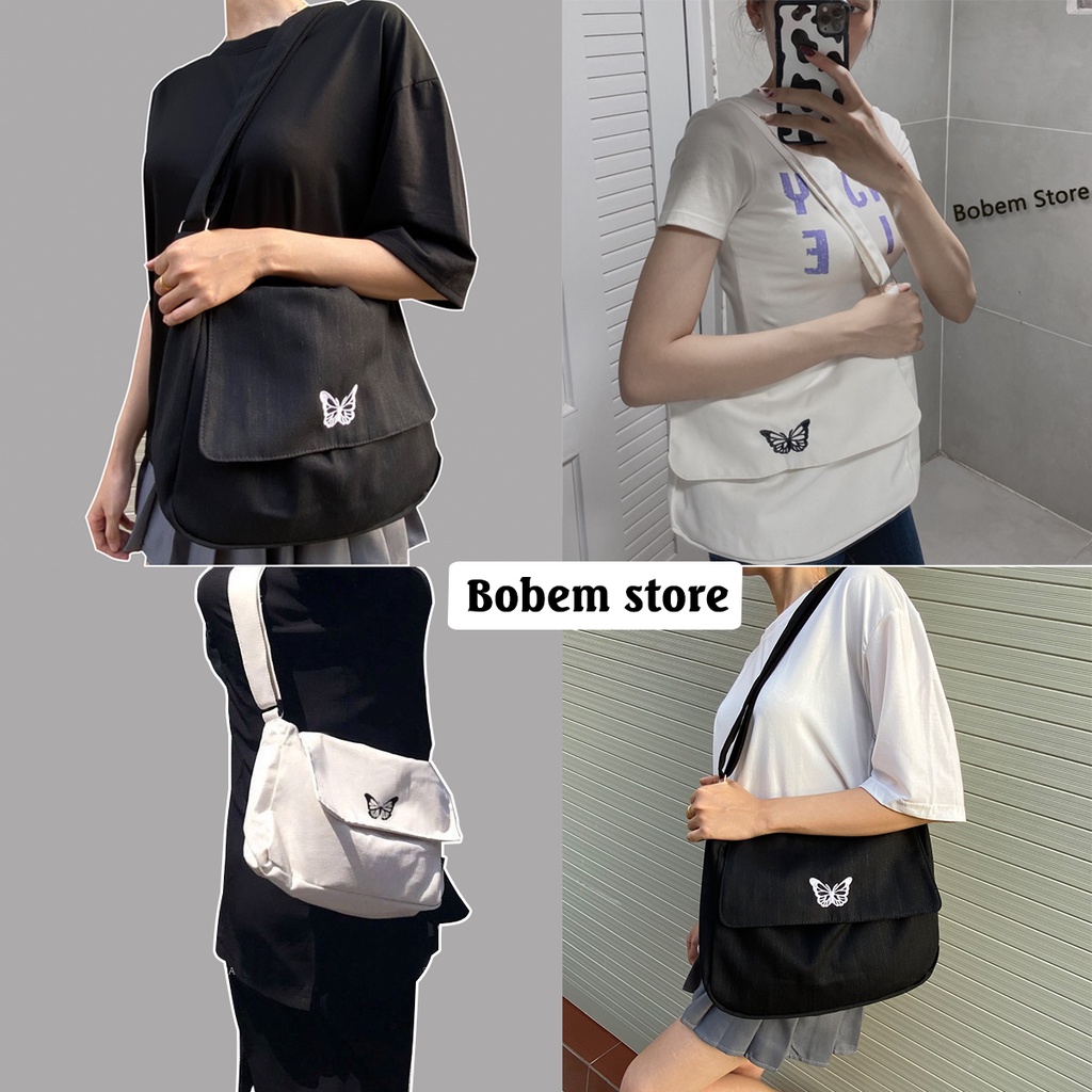 Túi tote vải đeo chéo canvas Basic - thêu hình bướm, bò