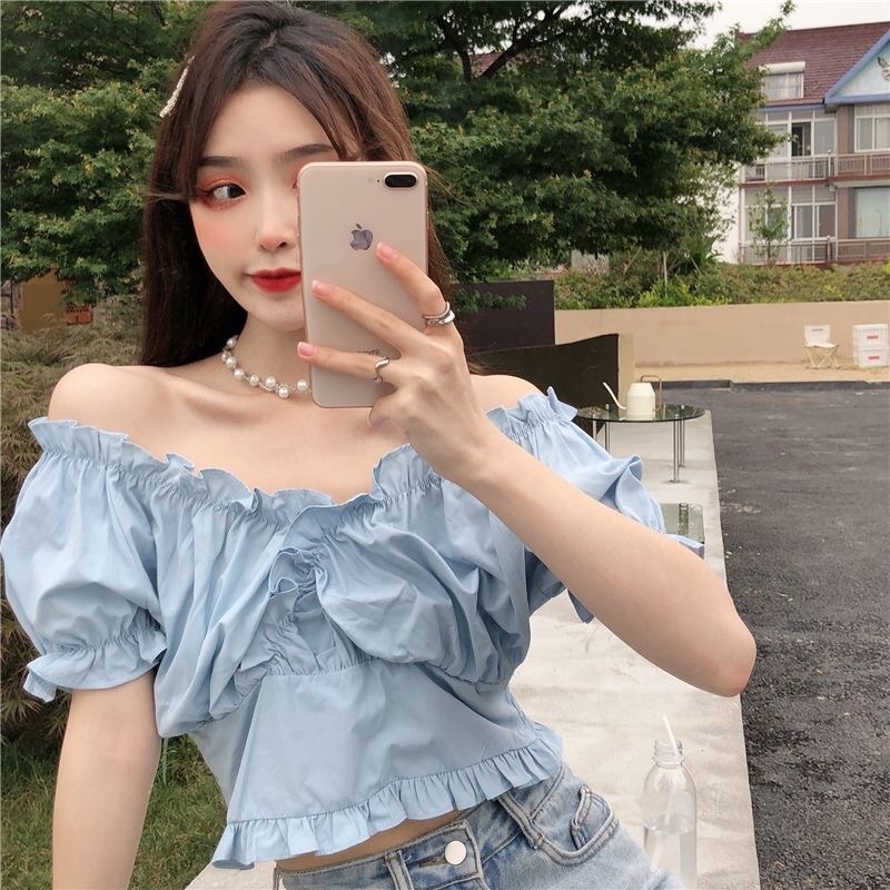 Áo Croptop nữ trễ vai tay ngắn bồng dáng ôm phong cách Hàn Quốc mã QD118