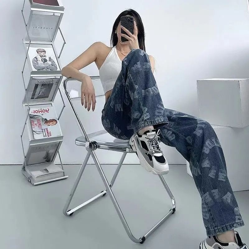 Quần jean nữ ống rộng in chữ phong cách Hip hop thời trang đường phố