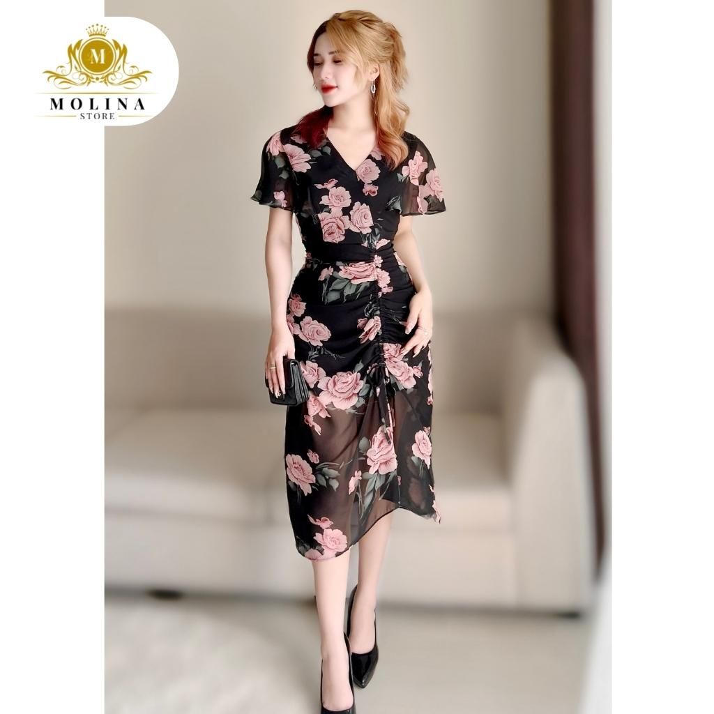 Đầm Voan Thiết Kế Dáng Ôm Nữ Molina Hai Lớp Nhún Eo Hoạ Tiết Hoa, Chất Liệu Lụa Cao Cấp