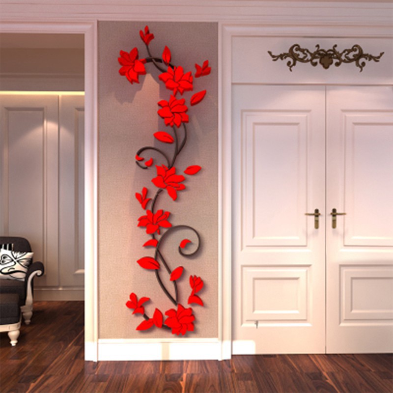 Sản Phẩm Mới, Decal Dán Tường 3D, Mẫu Bình Hoa, Màu Mận Chín (Đỏ Thẫm), Có Thể Trang Trí Sau Ti-vi, Trang Trí Phòng