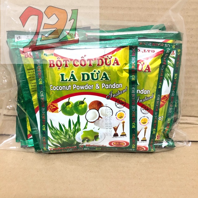 Túi x10 Bột Cốt Dừa Lá Dứa 50g