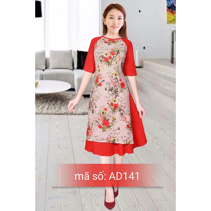 Set Áo Dài Cách TÂN CỔ TRÒN TAY LỠ HỌA TIẾT HOA TAY PHỐI MÀU ĐỎ KÈM VÁY ( có ảnh thật)
