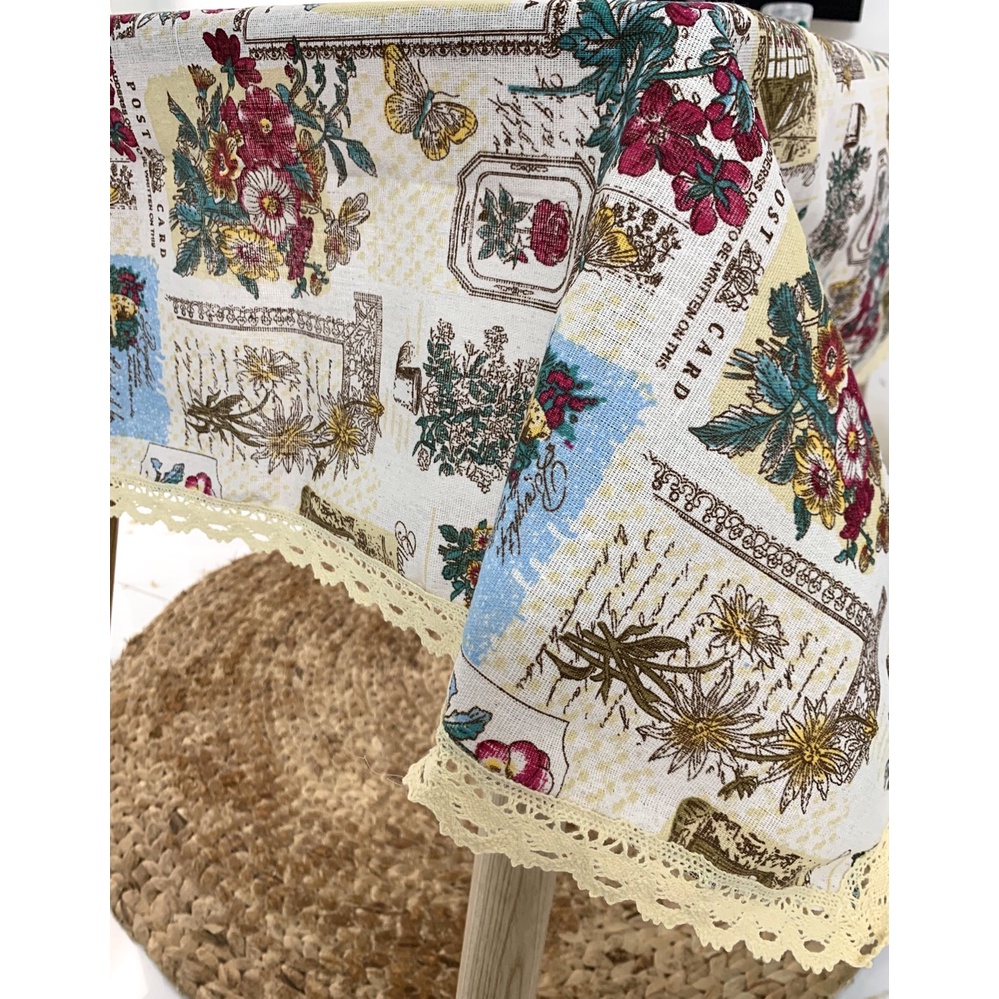 Khăn trải bàn vải canvas VIỀN REN họa tiết SÂN VƯỜN phong cách Nhật Bản nhẹ nhàng vintage