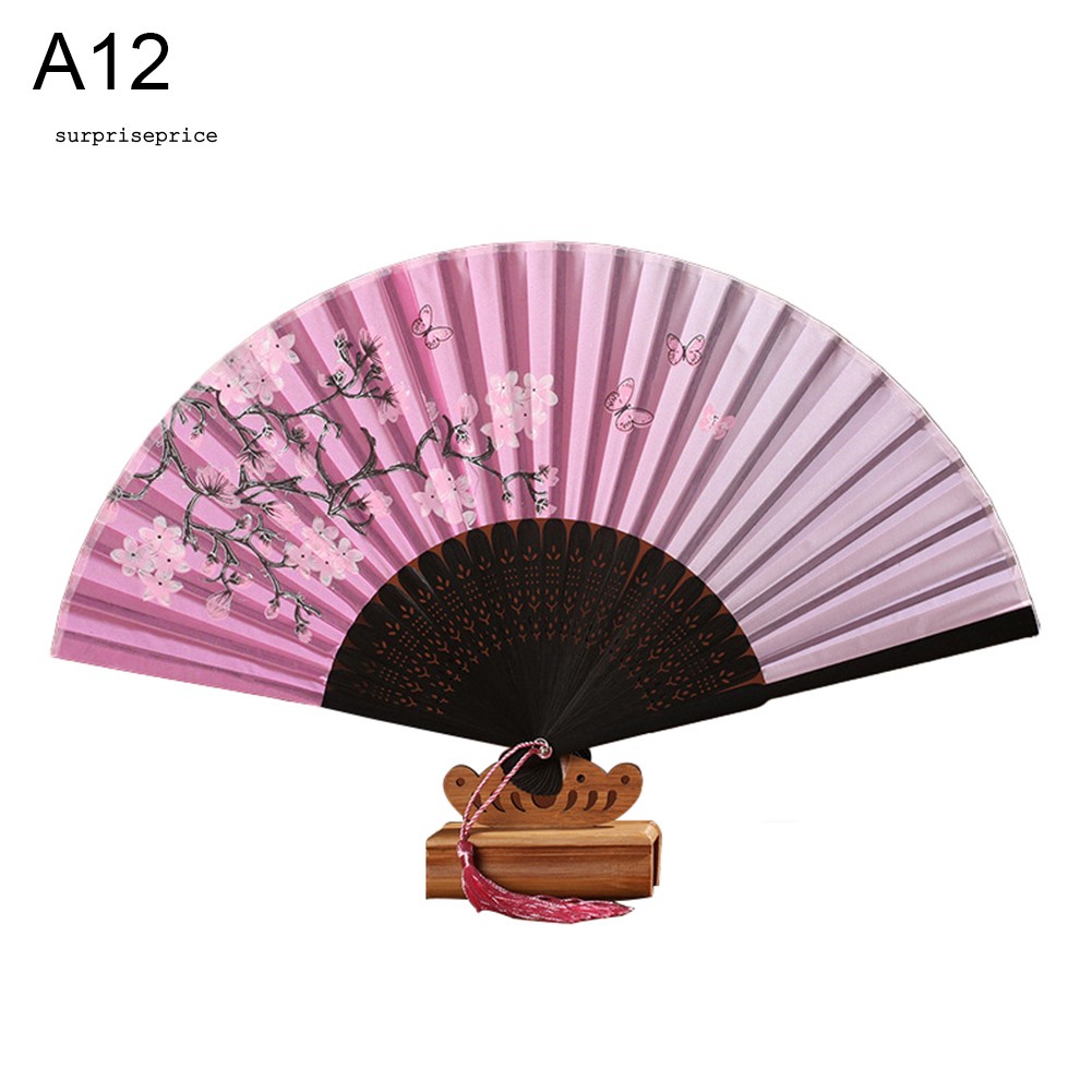 Quạt xếp cầm tay bằng tre với họa tiết hoa anh đào phong cách vintage