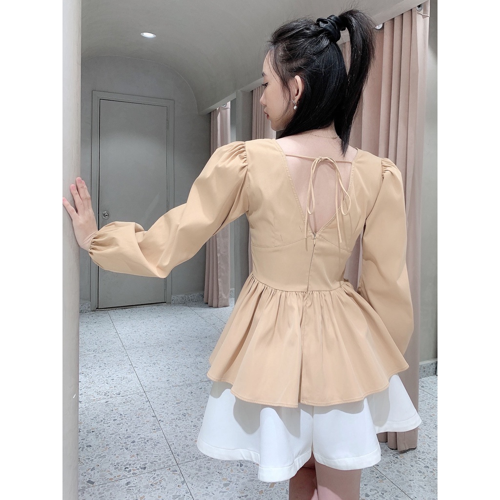 RECHIC Áo kiêu Marcus cổ V tay dài chiết eo xinh xắn dễ thương thanh lịch đi làm đi chơi