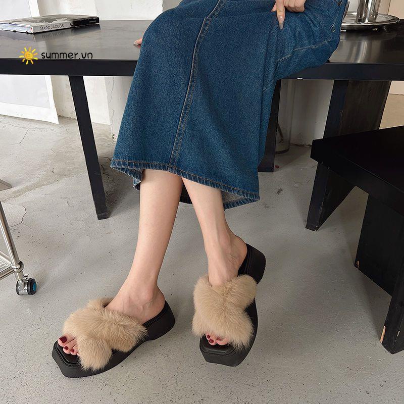 Dép Đế Xuồng Dày Quai Ngang Phủ Lông Thời Trang Mùa Hè 2022 Mới Cho Nữ
