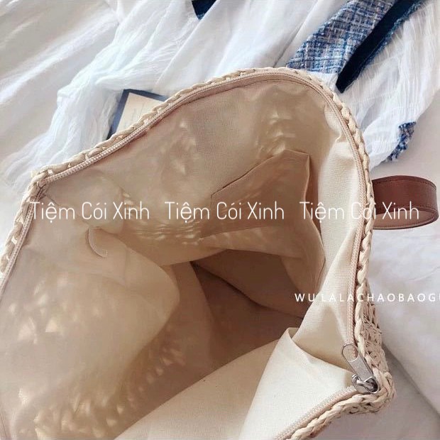 Túi Cói Tote Vintage Đi Biển Đeo Vai Dáng Chữ Nhật Dây Da Lót Vải Và Dây Kéo Gấp Gọn Dễ Dàng