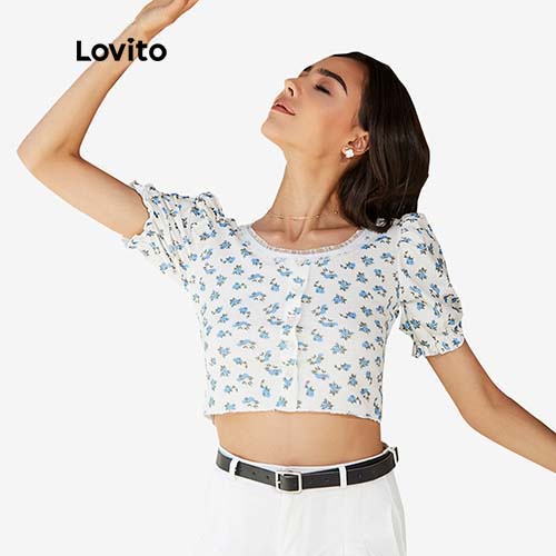  Áo croptop Lovito tay phồng in hoa L02006 (Màu xanh lam) | BigBuy360 - bigbuy360.vn