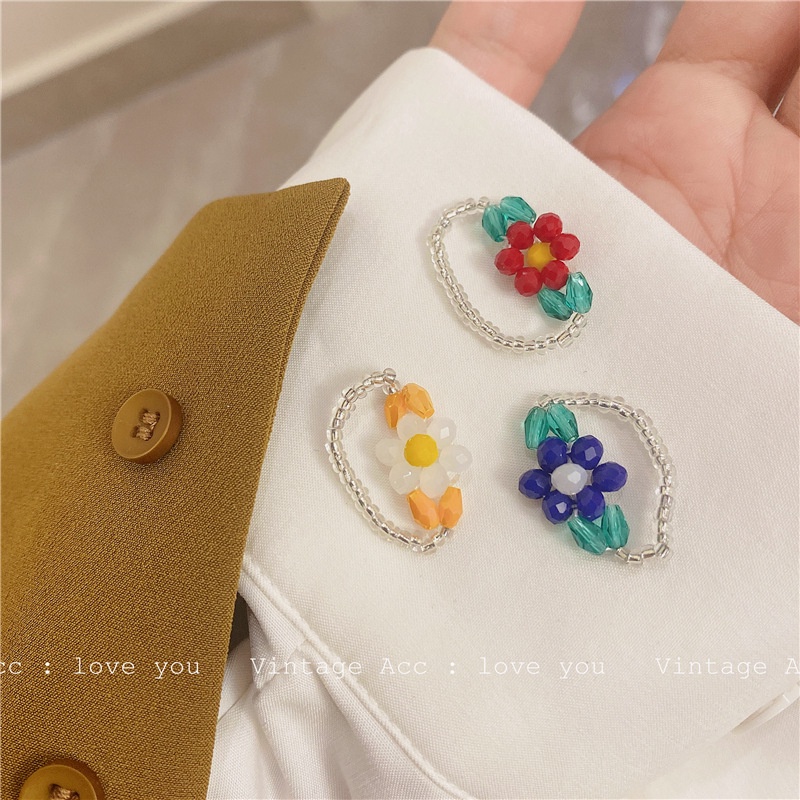 Nhẫn dạng chuỗi hạt phối mặt hình bông hoa bằng đá nhiều màu sắc phong cách vintage