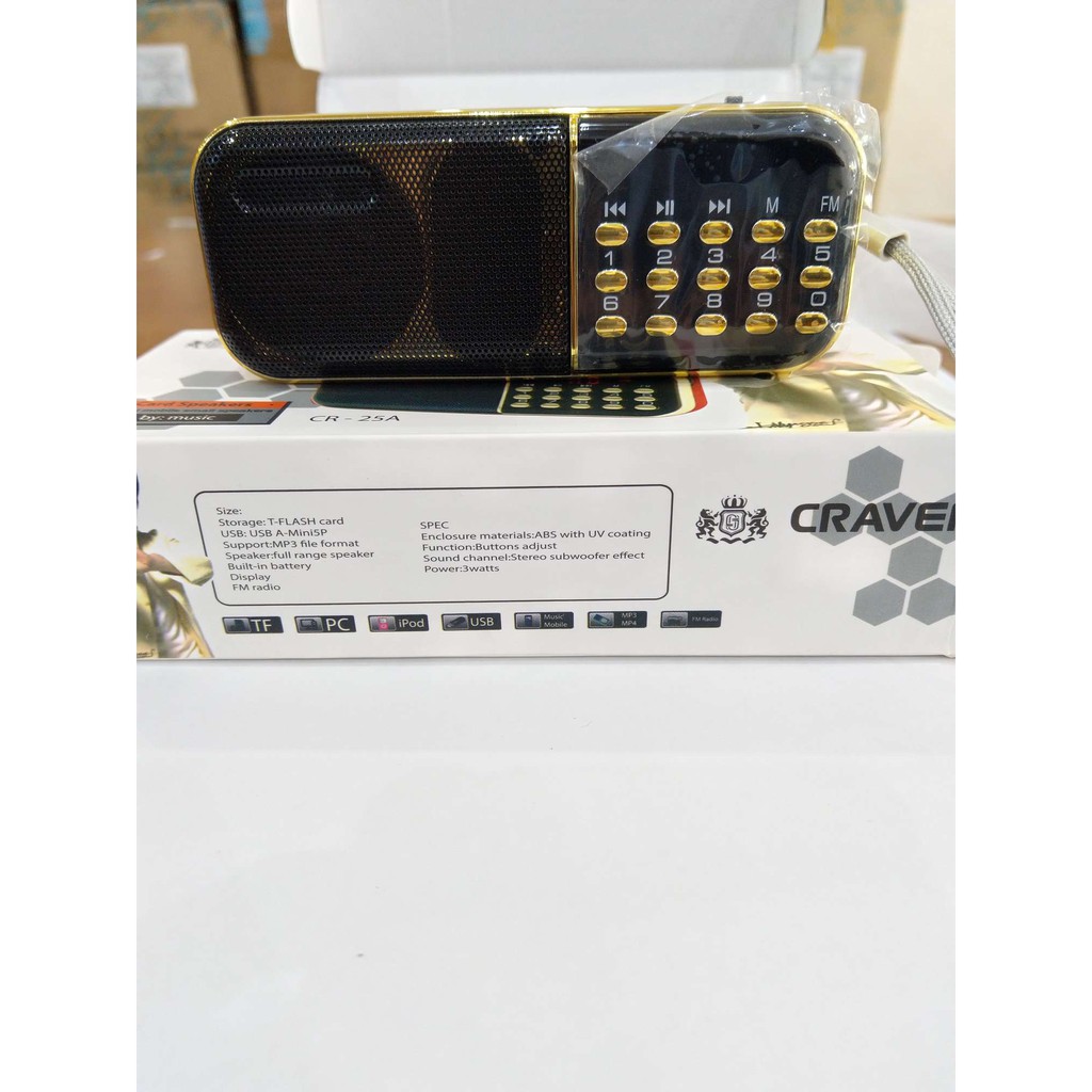 Máy - loa nghe kinh, FM, nhạc đa năng, Craven CR-25A có khe Thẻ nhớ/USB (kèm pin 2200mah + cáp)