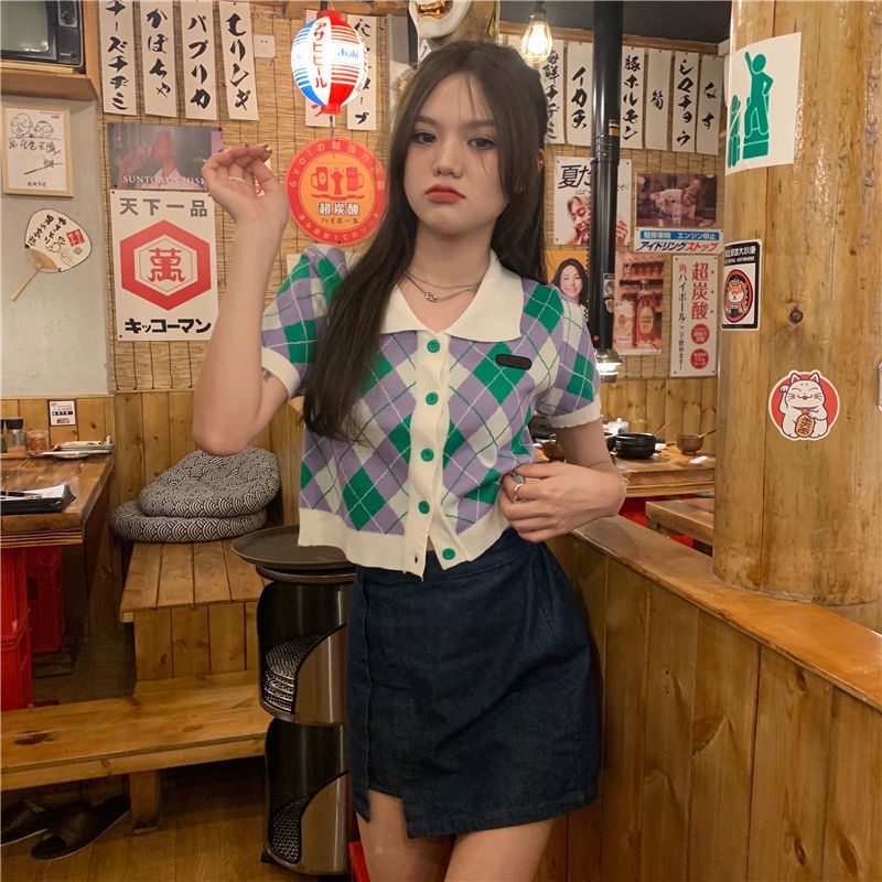 Áo khoác croptop nữ bigsize cardigan croptop áo croptop cổ lọ Áo Thun Dệt Kim Ngắn Tay Cổ polo Họa Tiết Caro Màu Sắc Retro Phong Cách Phương Tây Thời Trang Cho Nữ