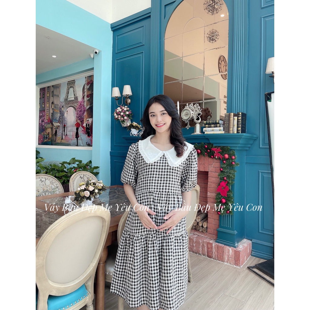 Đầm bầu công sở Váy bầu đẹp kẻ caro tay bo 3 tầng  MYC 3M