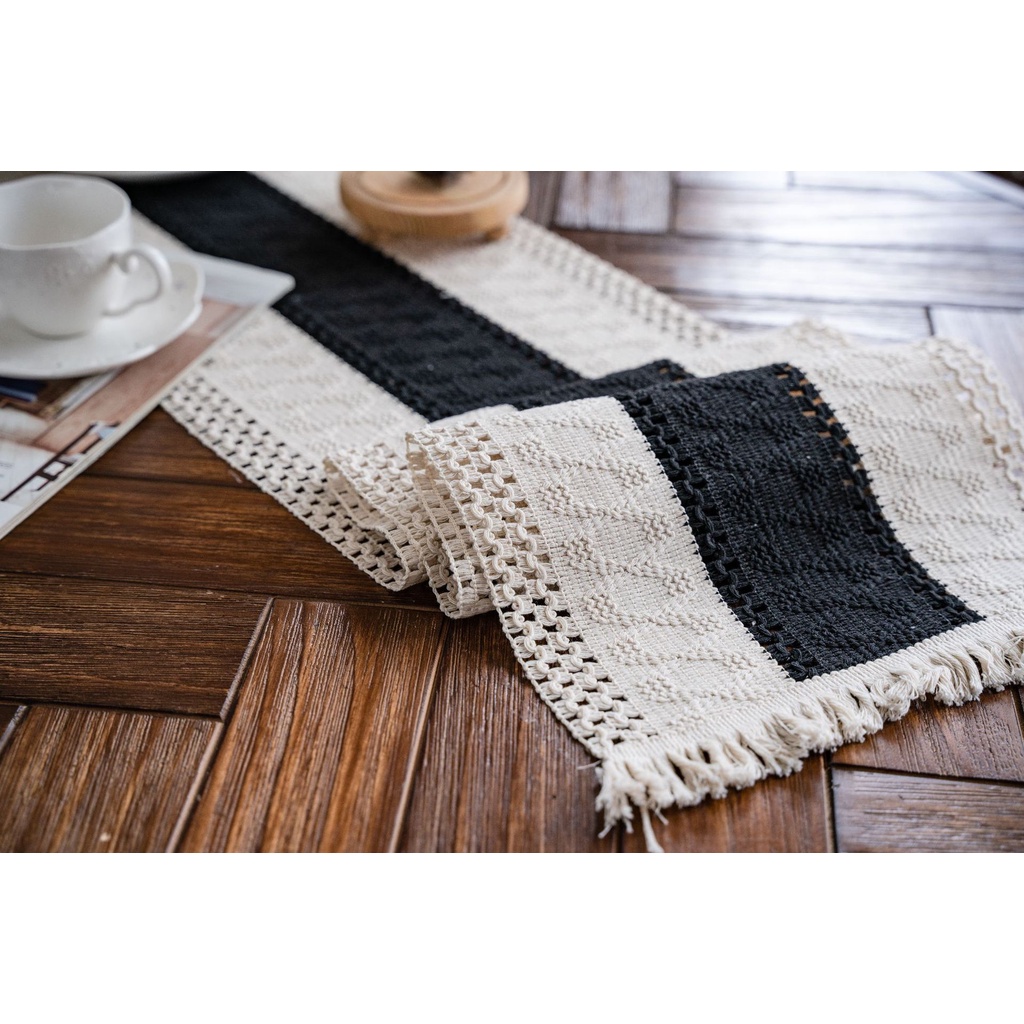 Khăn Trải Bàn Ăn Bằng Cotton Lanh Thêu Họa Tiết Kẻ Sọc Phối Tua Rua Thời Trang Tiện Dụng Cho Nhà Bếp