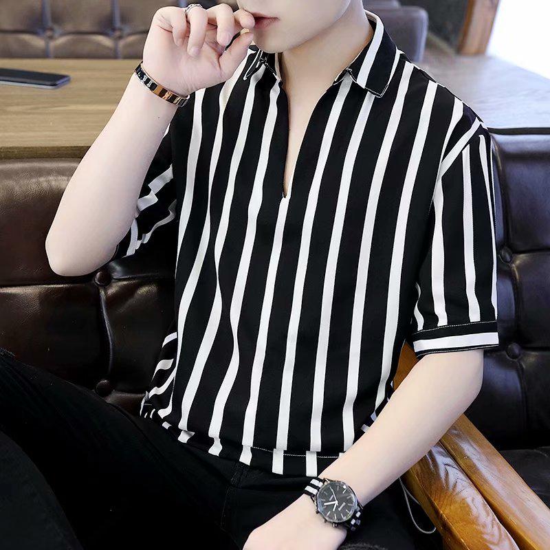 Áo Sơ Mi Tay Lửng Cổ Chữ v Họa Tiết Kẻ Sọc Phong Cách Hàn Quốc Thời Trang Mùa Hè Cho Nam Size s-3xl