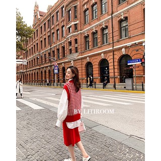 [Order] Set đồ len (áo gile + chân váy) mix sơmi trắng tay bồng